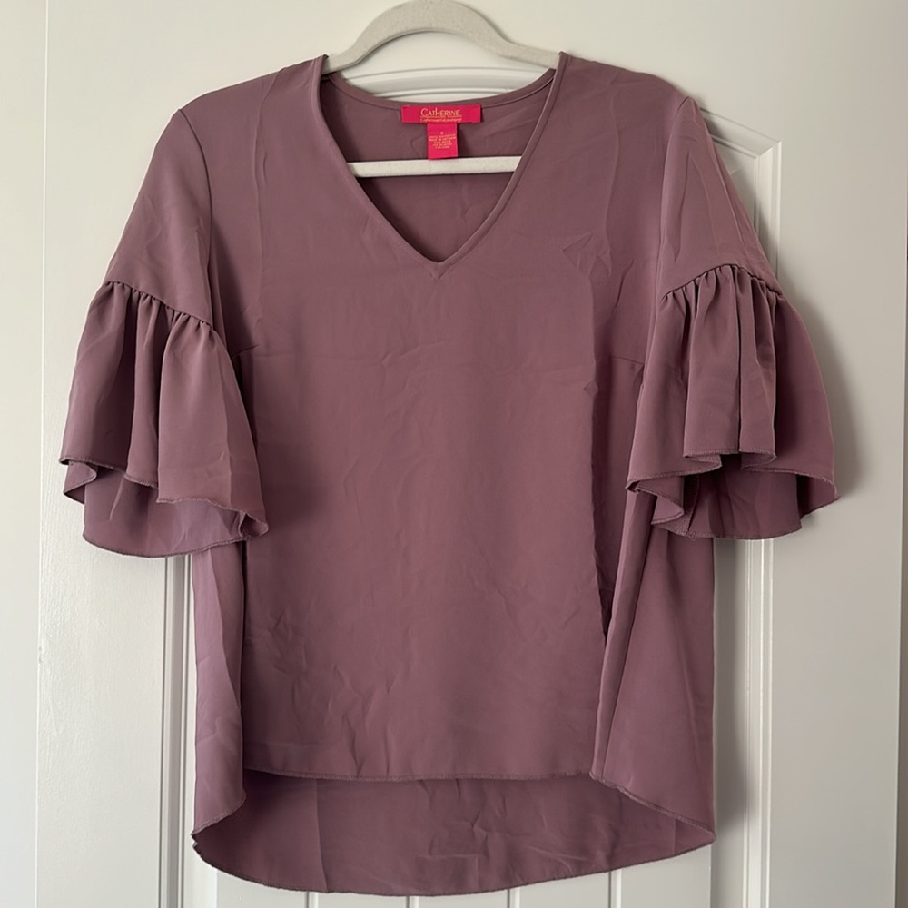 Catherine Malandrino Mauve Ruffled Sleeve V-Neck Blouse
